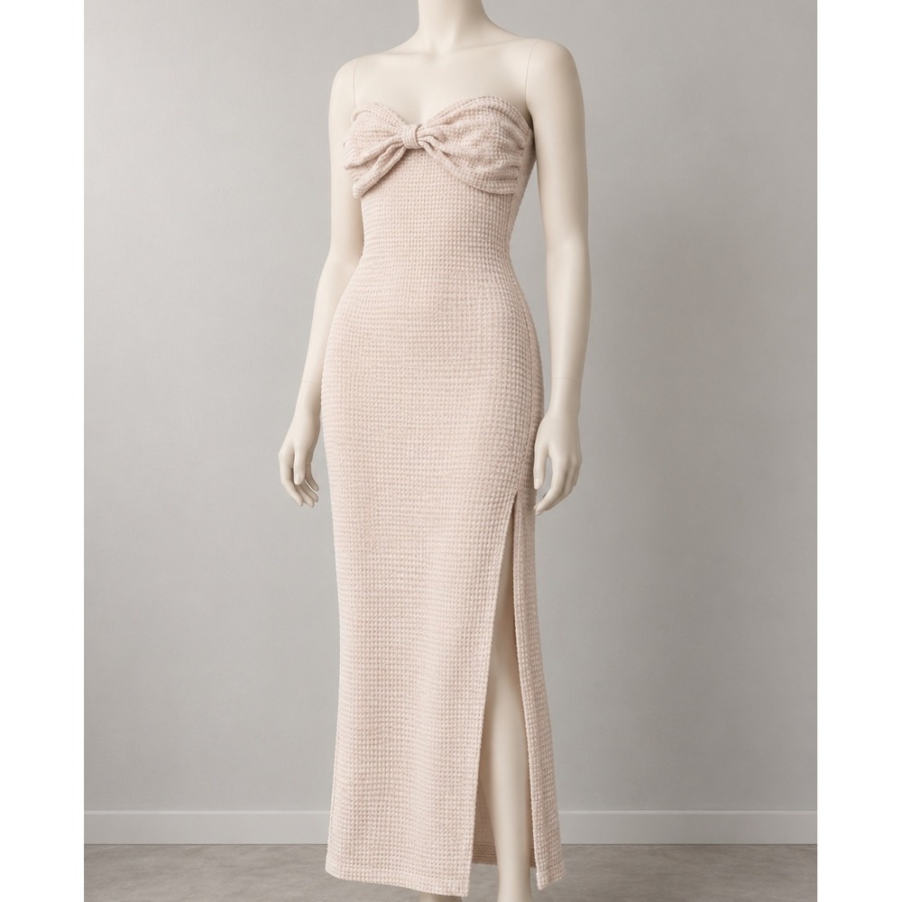 SHEIN Strapless Bow Waffle Knit Maxi Dress Pink sz XS sz2312189713724